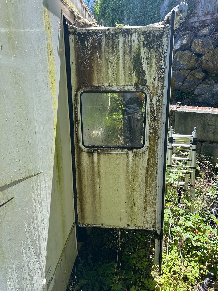 Mold-covered RV door before detailing