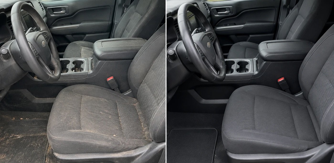 Pickup truck front seats and floor before and after interior detail