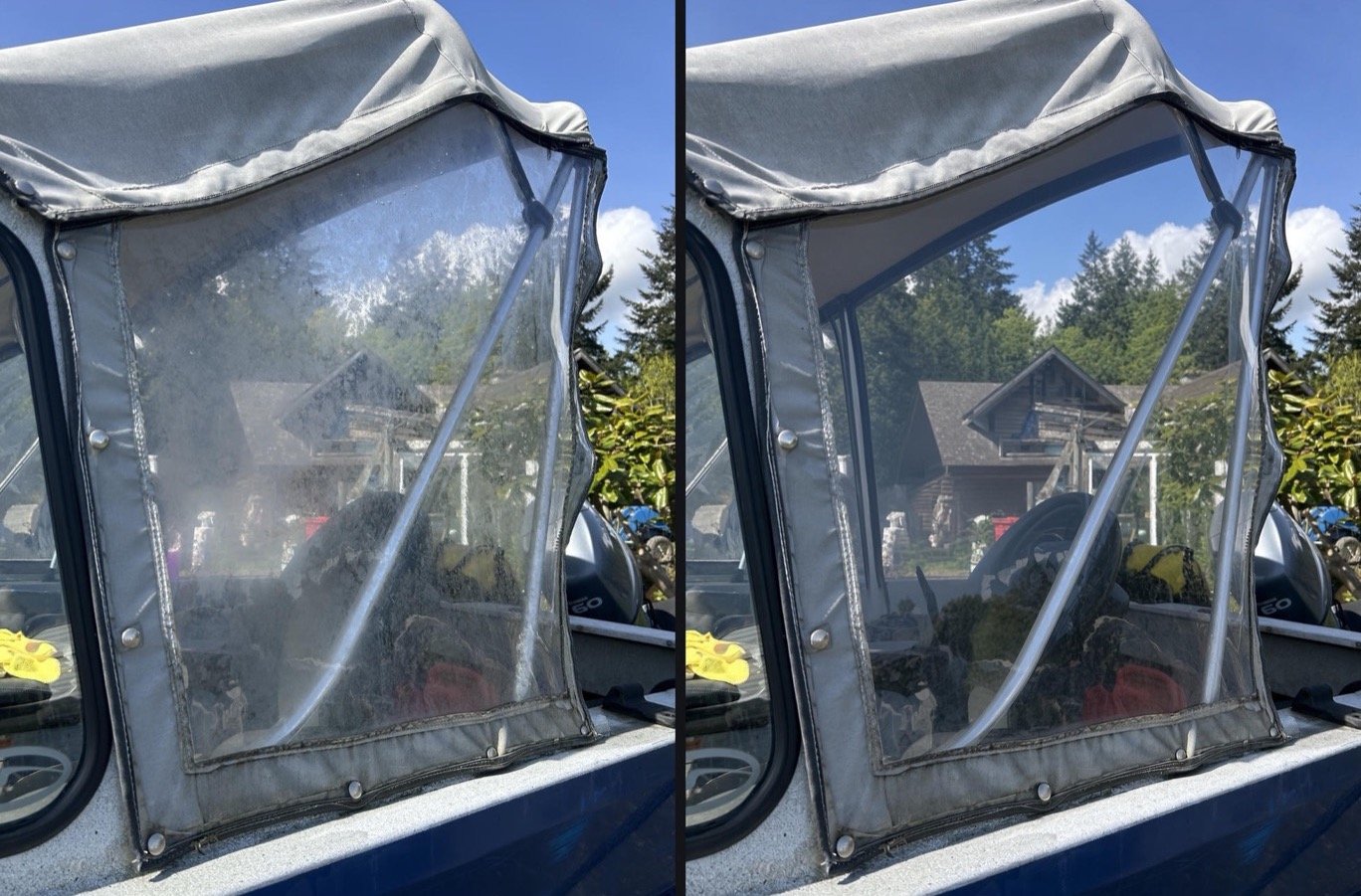 Boat canvas enclosure before and after salt film removal