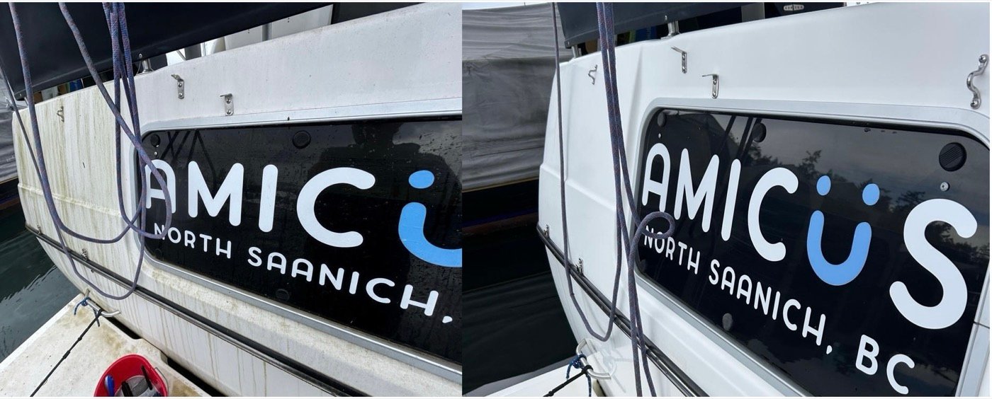 Yacht hull graphics before and after wash