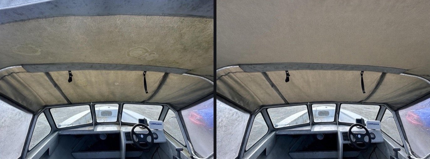 Boat cabin headliner and windshield before and after deep clean