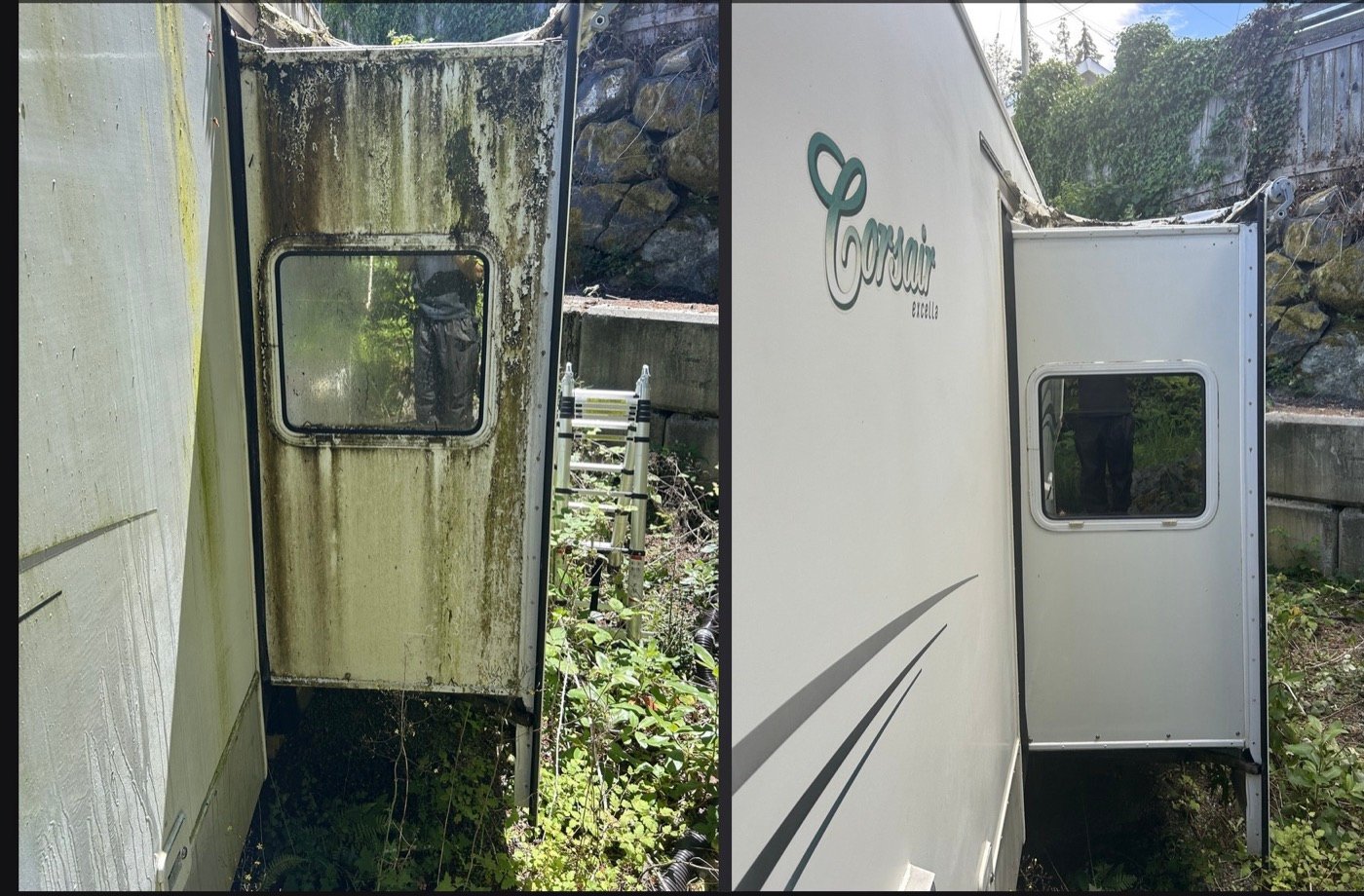 RV rear panel and door before and after moss and mildew removal
