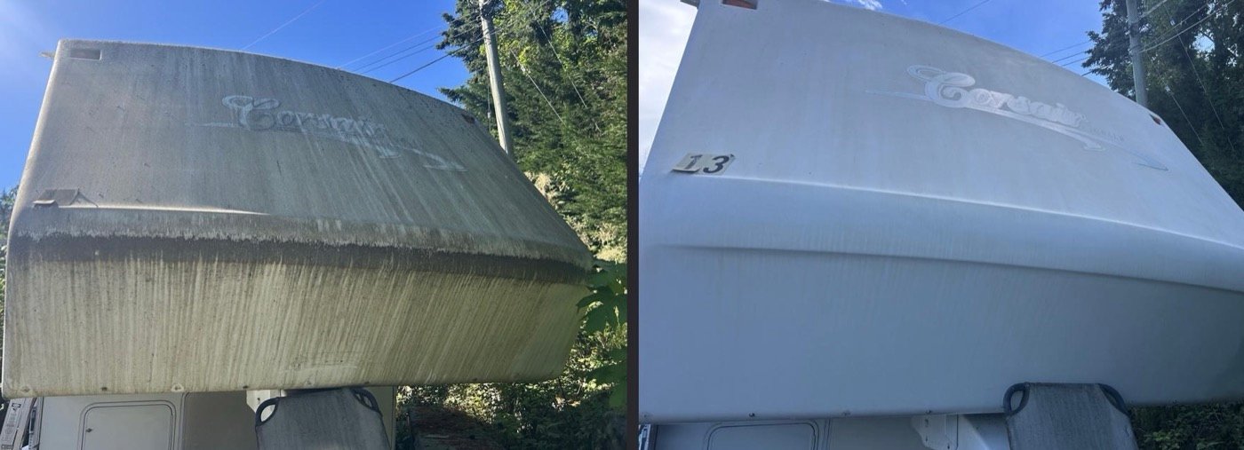 RV roof cap before and after oxidation and streak removal