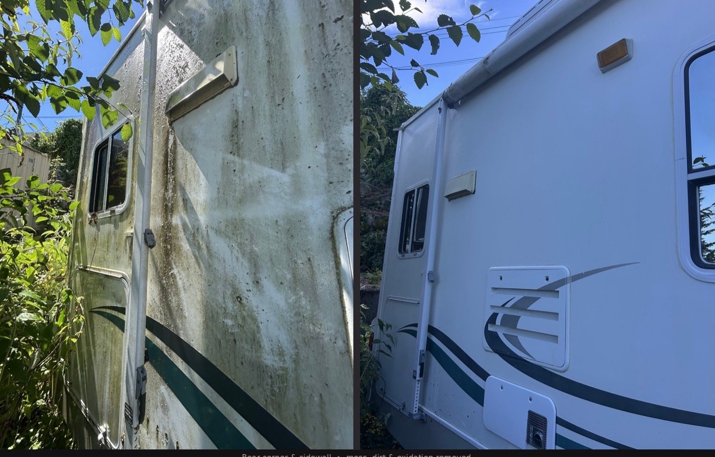 RV rear corner and sidewall before and after moss dirt and oxidation removed